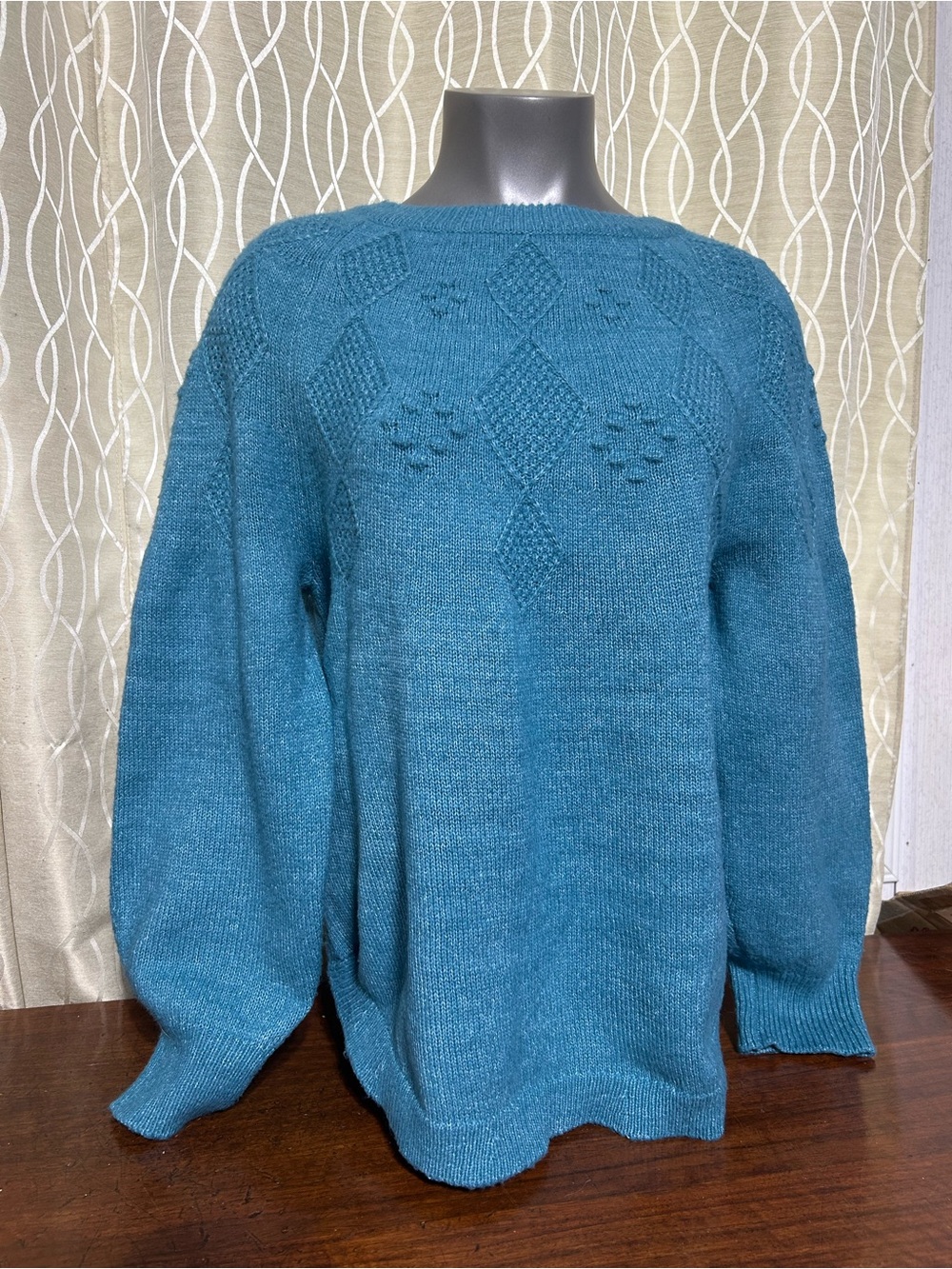 Penmans Teal Crewneck Knit Sweater with Textured Diamond Detail